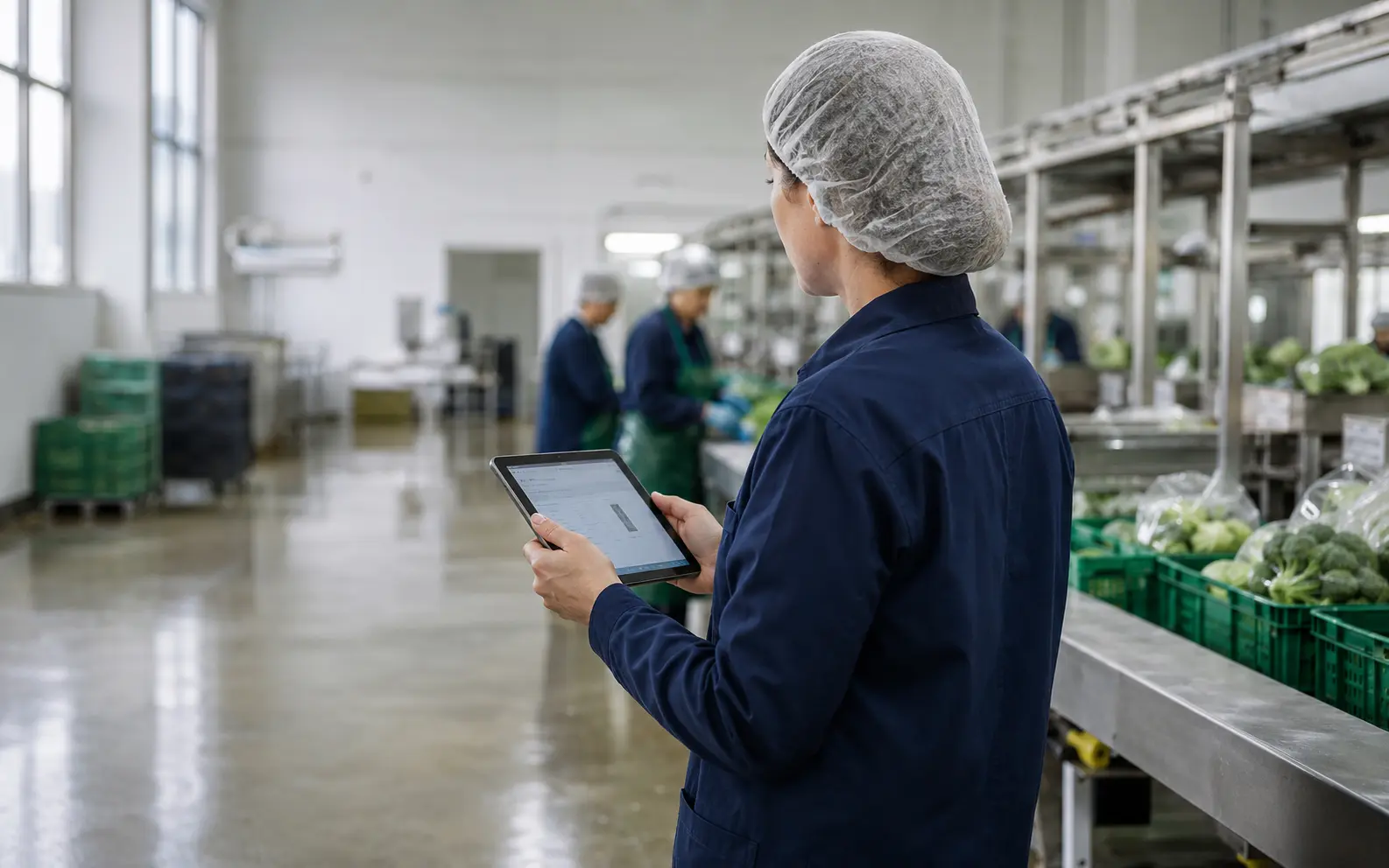 Consultora supervisando una línea de producción agroalimentaria
