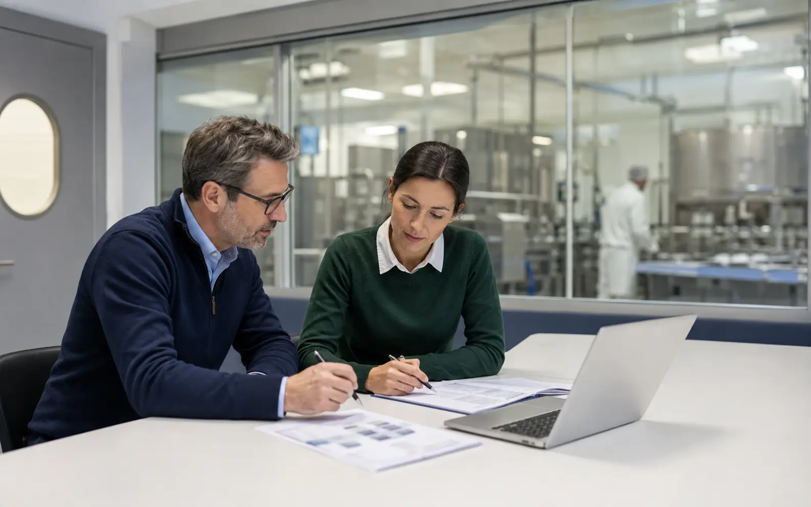 Profesionales revisando documentación de seguridad alimentaria